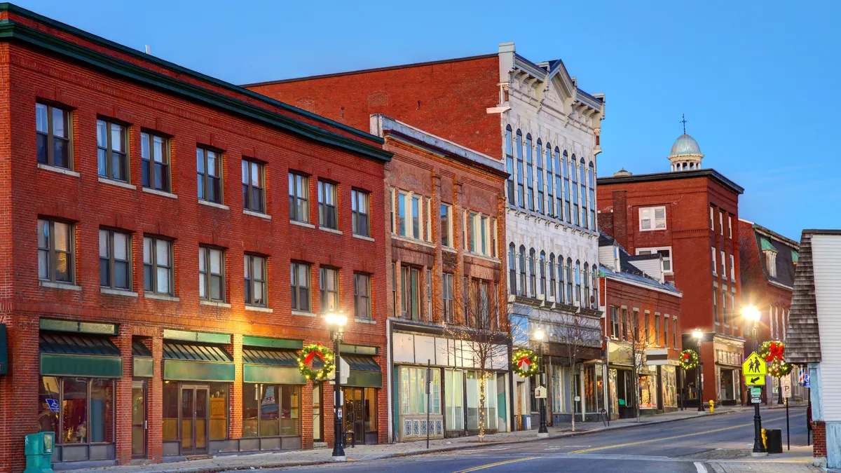 Downtown East Hartford, Connecticut brick storefronts at dusk