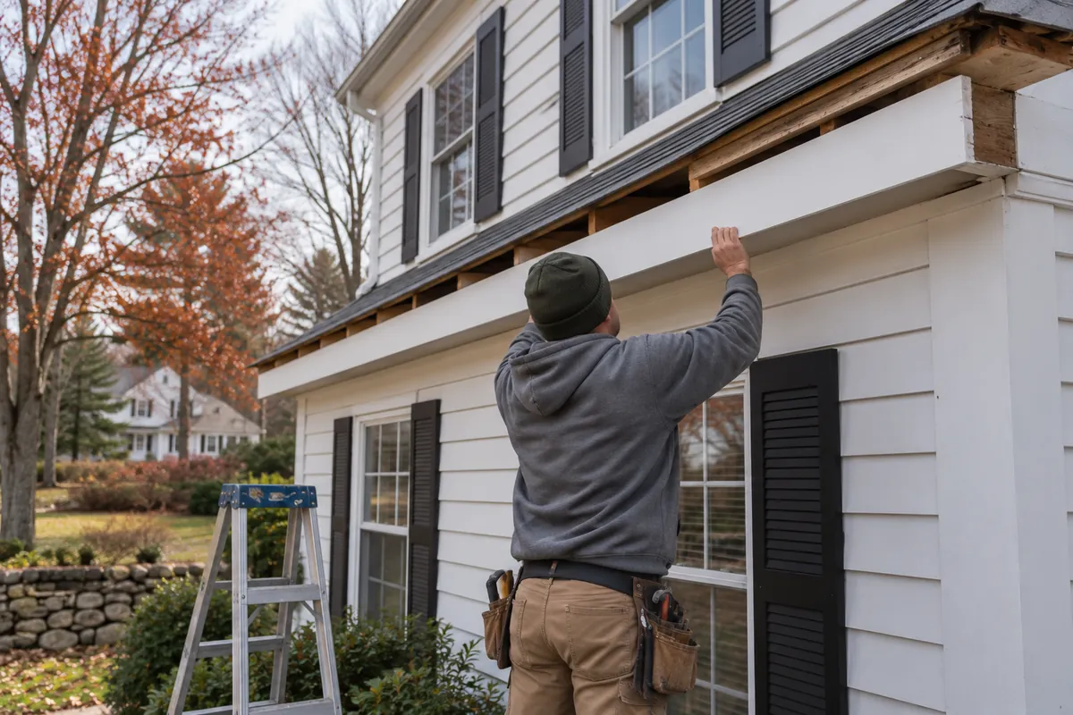 Professional gutter replacement process showing fascia repair