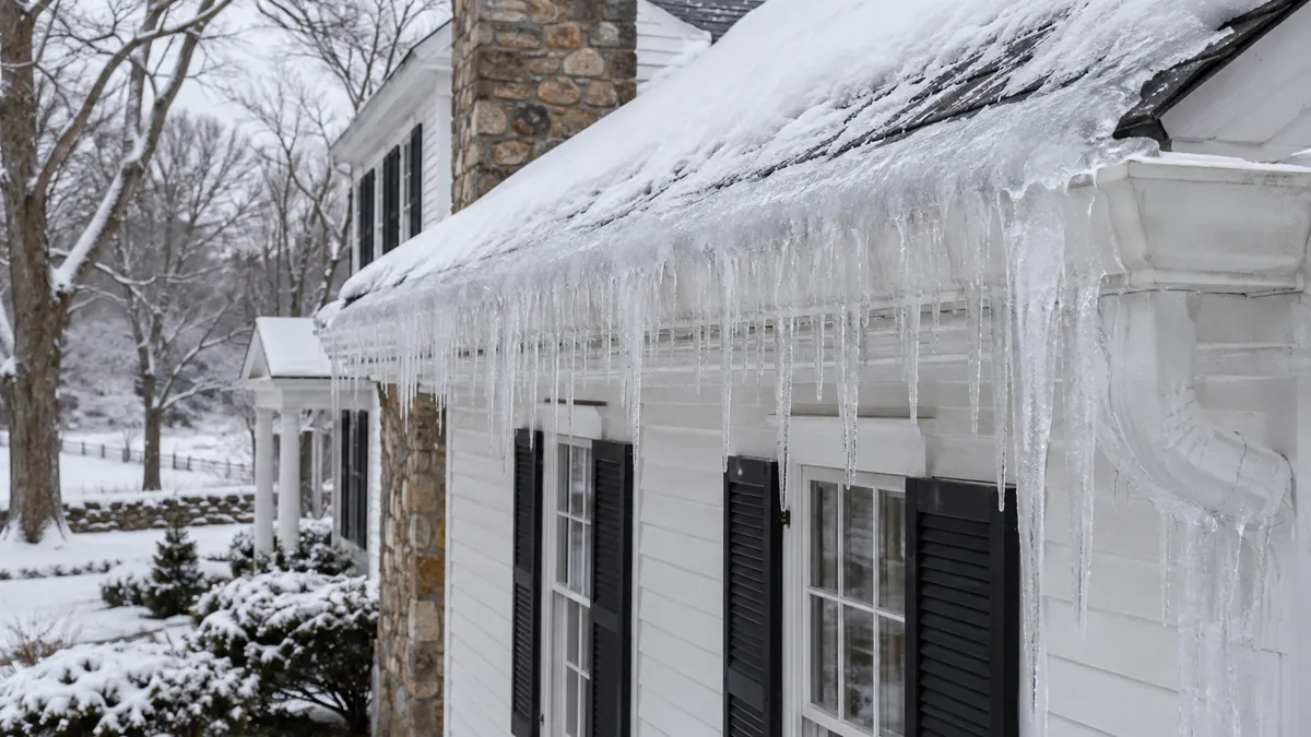 Frozen gutter downspout blocked by ice in Hartford winter
