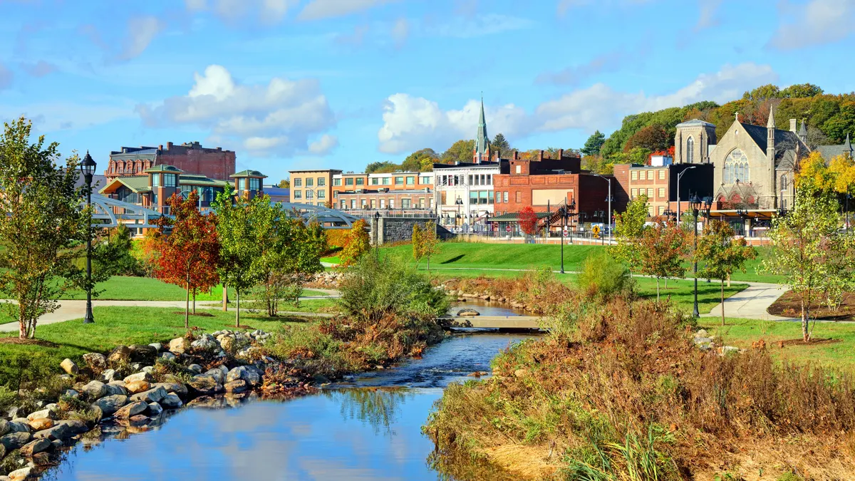 Downtown Manchester, Connecticut with creek and historic buildings